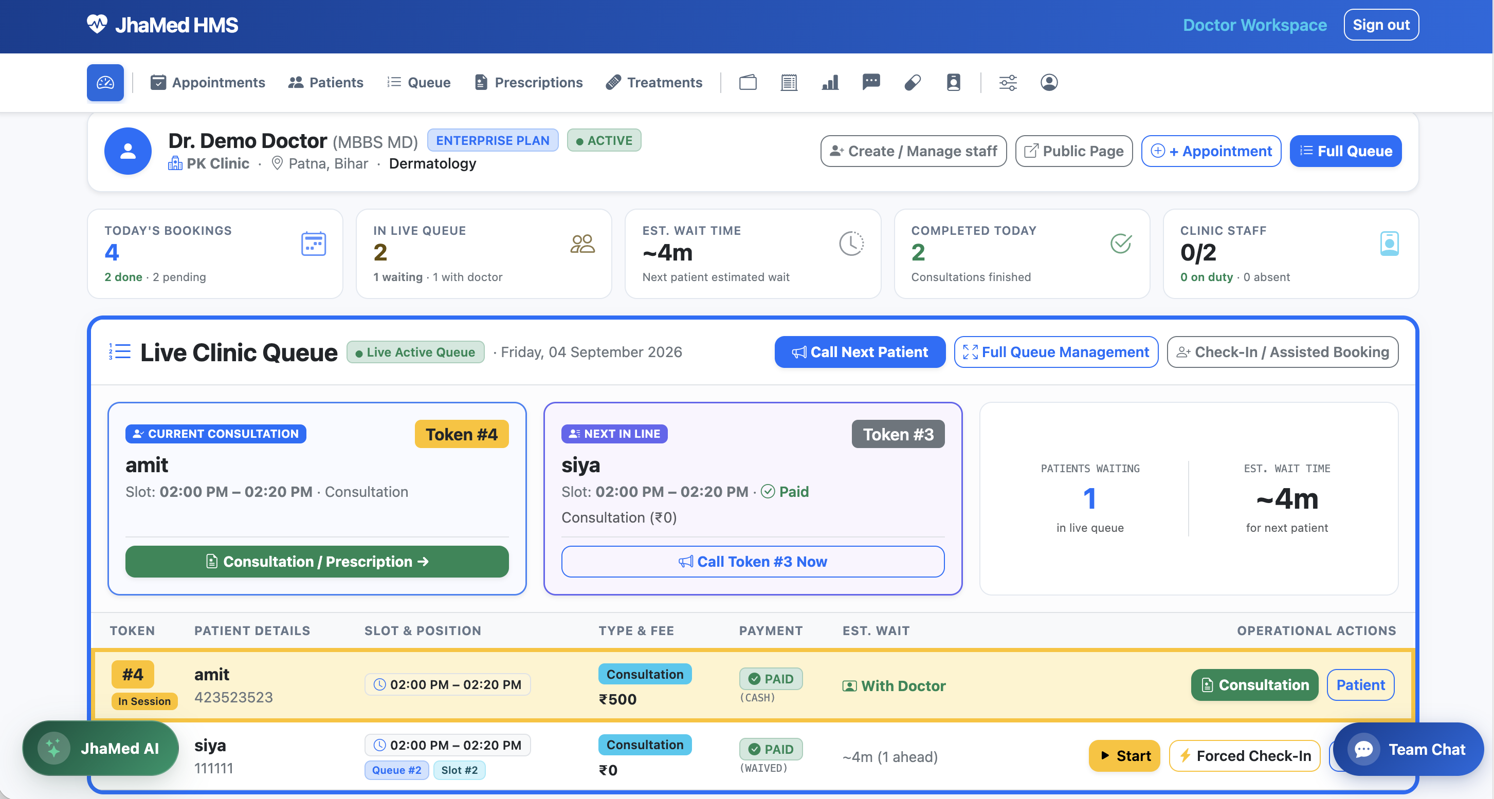 JhaMed HMS Doctor Dashboard - Live Outpatient Workspace